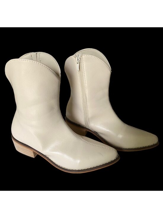 Shoes - Ankle Bootie Women's Size 35 US 4. 5 Polyurethane Cream Zipper Pointed Toe